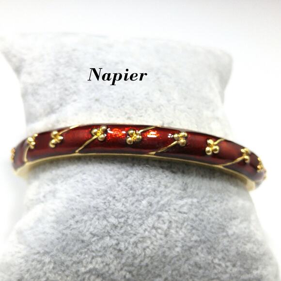 Napier Red Enamel Gold Plated Hinged Bracelet, Metallic Red Enamel, 1990s - Picture 1 of 10
